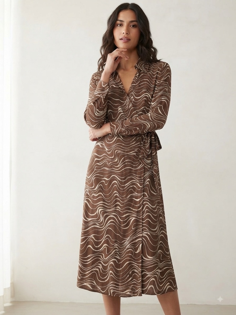 & Other Stories Sz 4 (36) Brown Abstract Zebra Wrap Classic Midi Dress